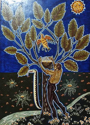 Tableau de Charles Sahuguet : L’envol de l’oiseau-mère (47x33,5) 1981