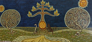 Tableau de Charles Sahuguet : Arbre de Vie aux 7 flammes et aux 2 oliviers / aux deux pouvoirs (77 x 34)) 1977.