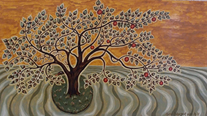 Painting by Charles Sahuguet: Tree of Life with 12 fruits (50 x 28) 1977.