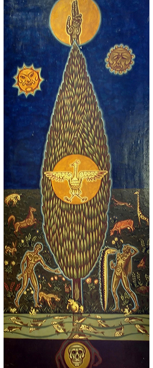 Tableau de Charles Sahuguet : L’Axe du monde (79 X 32) 1981.