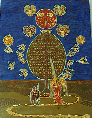 Tableau de Charles Sahuguet : Les 9 étages de l’Arbre de Vie (46 x35) 1981.