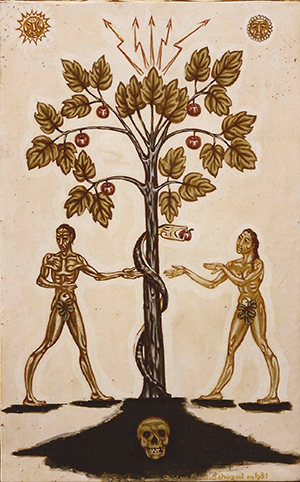 Tableau de Charles Sahuguet : Adam, Eve et le Serpent face à l’Arbre (46,5 x 29) 1981.