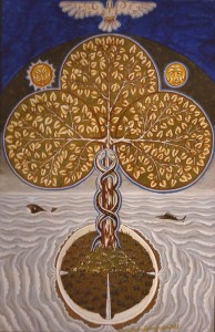 Tableau de l'artiste peintre Charles Sahuguet : Arbre de Vie aux serpents entrelacés (49 x 32) 1981.