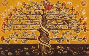 Tableau de l'artiste peintre Charles Sahuguet : Arbre du Centre aux 7 niveaux (46,5 x 30) 1982.