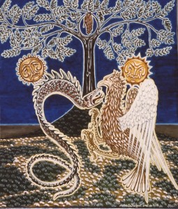 Tableau de l'artiste peintre Charles Sahuguet : Le combat du serpent et de l'aigle (55,5 x 49) 1978.