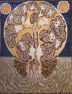 Tableau de l'artiste peintre Charles Sahuguet : Il les créa mâle et femelle âme et corps (60 x 46) 1978.