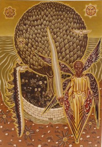 Tableau de l'artiste peintre Charles Sahuguet : La garde de l'Arbre - (45,5 x 32) 1980.