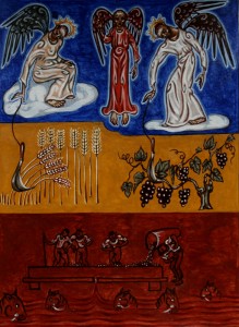 Tableau de l'artiste peintre Charles Sahuguet : La moisson et la vendange – 1979.