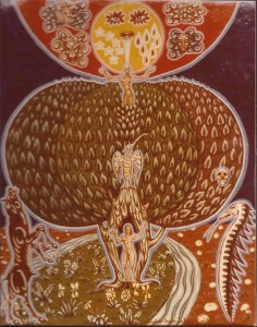 Tableau de l'artiste peintre Charles Sahuguet : Le triomphe d'Adam (45 x 35,5) 1979
