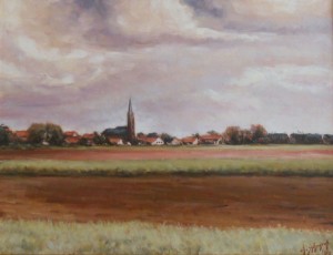 Tableau de Charles Sahuguet : Merignies dans la plaine du Nord - 1975