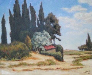 Tableau de Charles Sahuguet : Toit rouge sur les cyprès - 1973
