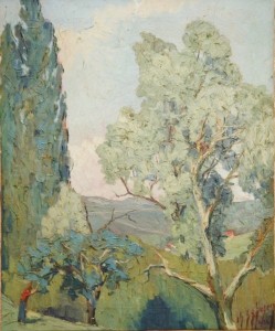 Tableau de l'artiste peintre Charles Sahuguet : La cueillette dans le pommier - 1938