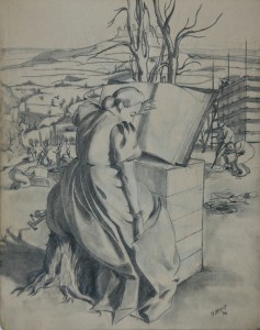 Tableau de Charles Sahuguet : Etude femme vetue de robe de cour - 1944